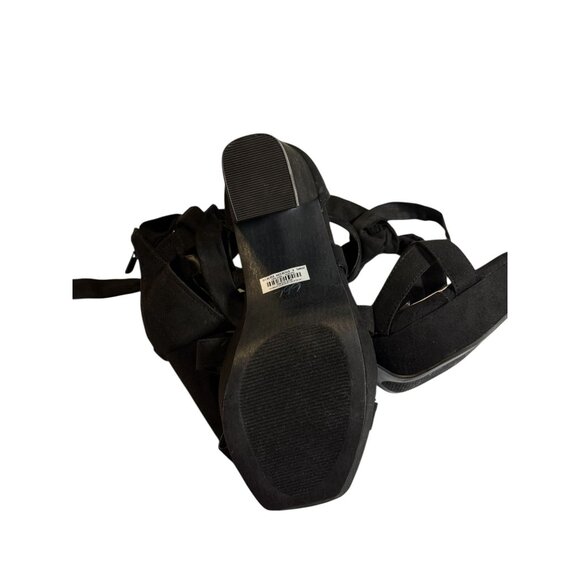 Black Suede Ankle Tie Strappy Block Heel Sandals Back Zipper Closure Size 8WW - Picture 8 of 9